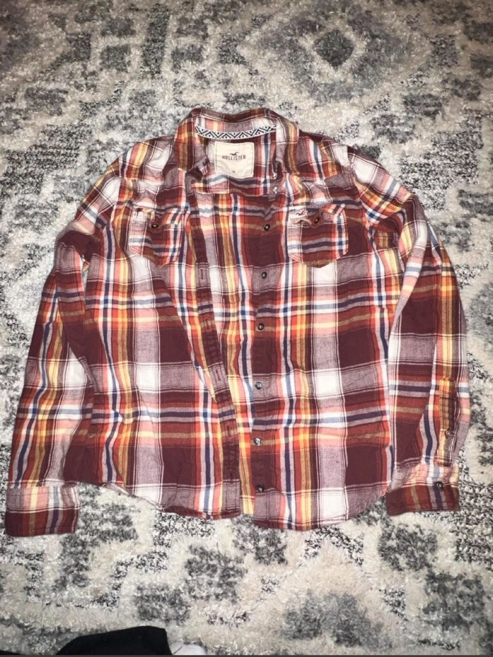Hollister Burgundy Plaid Button-Down Shirt with Orange Accents